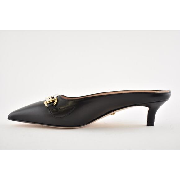 Gucci Zumi Black Leather Silver Gold GG Kitten Heel Mule Slide Loafer Pump 37 - Picture 9 of 12
